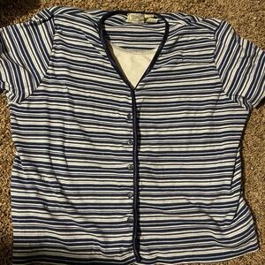 Striped Navy and White Button-Up Top